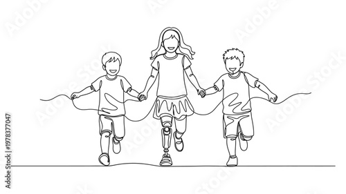 Children playing jump rope together outdoors. Continuous line style. Hand drawn. Line art. Vector design. illustration