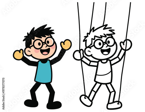 Puppet boy dancing, character design, black and white version.