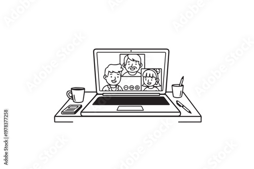 Family Video Call on Laptop Screen Connecting Parents and Children – Online Communication Illustration for Remote Work, Social Media, and Digital Lifestyle Content