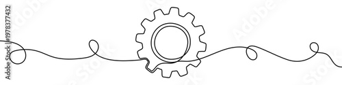 Illustration of a mechanical gear wheel, made in one continuous line. Minimalist cogwheel drawing with a black stroke and swirls on a white background, vector illustration.