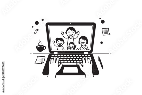 Family Video Call on Laptop Screen Connecting Parents and Children – Online Communication Illustration for Remote Work, Social Media, and Digital Lifestyle Content