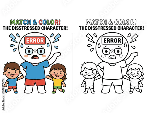 Stressed father with error sign on forehead with children coloring page matching activity.