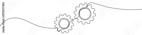 Illustration of two interlocking gears, made in one continuous line. Minimalist mechanical cogwheel drawing with a black stroke on a white background, vector illustration.