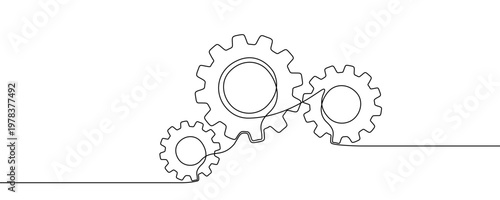 Illustration of three interlocking gears of different sizes, made in one continuous line. Minimalist mechanical cogwheels drawing with a black stroke on a white background, vector illustration.