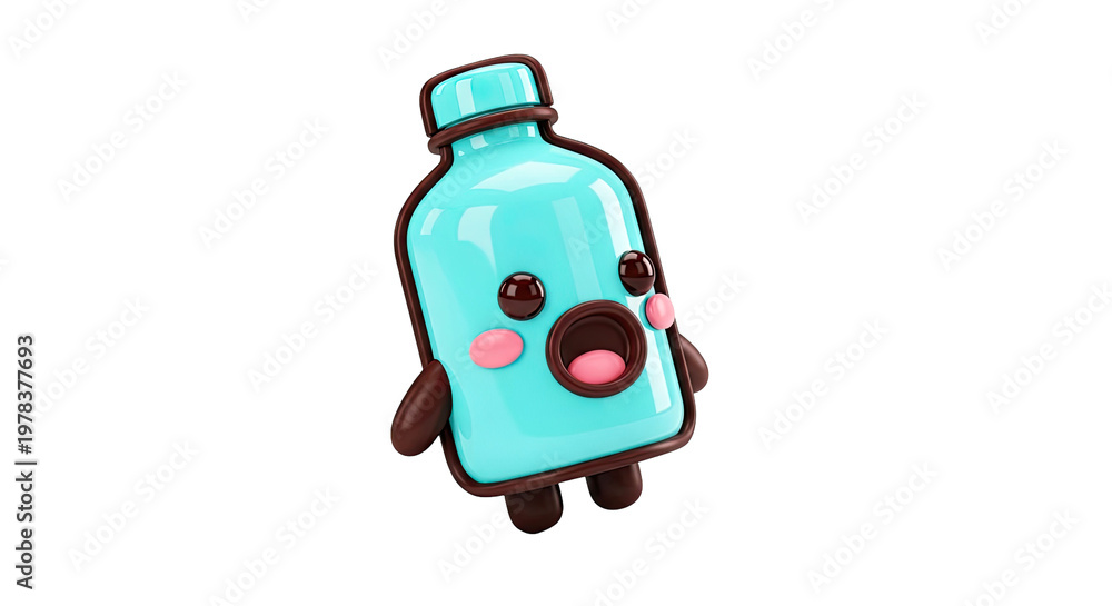 Fototapeta premium Kawaii blue bottle character with surprised expression