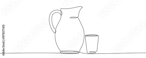 Illustration of a kitchen pitcher and a glass, made in one continuous line. Minimalist water or milk jug drawing with a black stroke on a white background, vector illustration.