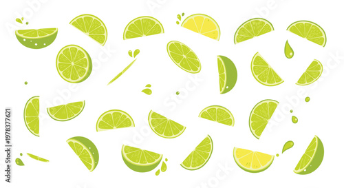 Lime slice splash collection vector set featuring fresh citrus wedges with juice drops isolated on transparent background for summer drink design