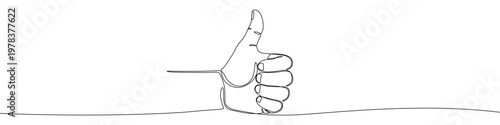 Illustration of a human hand showing thumbs up gesture, made in one continuous line. Minimalist like or approval drawing with a black stroke on a white background, vector illustration.