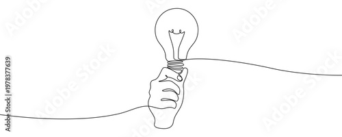 Illustration of a hand holding a light bulb, made in one continuous line. Minimalist idea or creativity drawing with a black stroke on a white background, vector illustration.