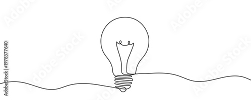 Illustration of a classic electric light bulb, made in one continuous line. Minimalist idea or creativity icon drawing with a black stroke on a white background, vector illustration.