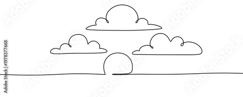 Illustration of the sun rising or setting behind clouds, made in one continuous line. Minimalist weather or nature drawing with a black stroke on a white background, vector illustration.