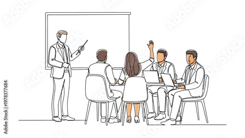 Business meeting with people wearing face masks. Continuous line style. Hand drawn. Line art. Vector design. illustration