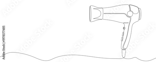 Illustration of a professional electric hair dryer, made in one continuous line. Minimalist beauty and hair care tool drawing with a black stroke, vector illustration.