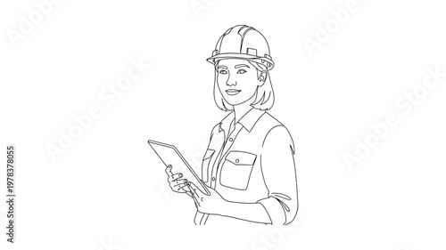 A female engineer wearing a hard hat. Continuous line style. Hand drawn. Line art. Vector design. illustration