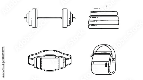 Fitness Gear and Equipment: A set of essential fitness tools, including a barbell, weight plates, a weightlifting belt, and a gym bag, are meticulously illustrated.