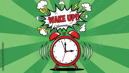 Red vintage alarm clock ringing loudly with a colorful pop art style wake up speech bubble against a green background.