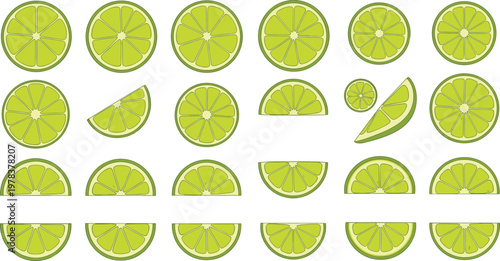 Lime slice collection vector set featuring fresh citrus segments wedges and round slices isolated on transparent background for healthy food design