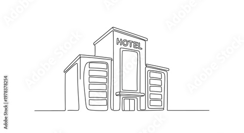 Minimalist single line drawing of a hotel building with the word HOTEL on top.