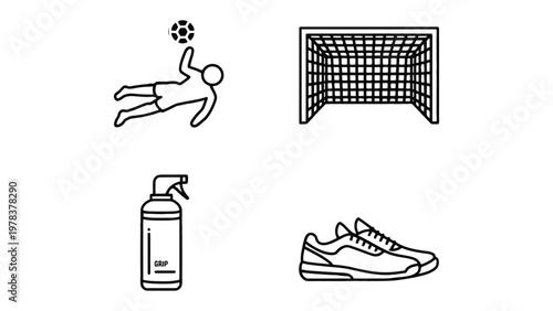 Soccer Icons in Action: Illustrated sports icons, portraying the essence of soccer - a player's dive for the ball, goal posts, shoes, and a spray bottle for gear maintenance.