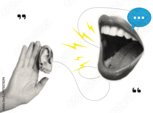Halftone collage of Mouth Speaking to Ear with Lightning Bolts, Speech Bubble, and Quotation Marks Representing Dialogue and Active Listening
