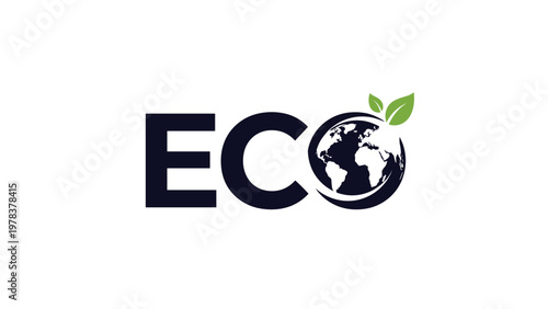 Eco friendly logo design features the word eco with a detailed globe and green leaves representing environmental care.