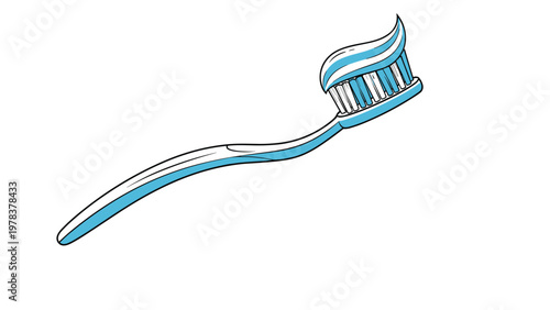 Blue manual toothbrush with a generous swirl of striped mint toothpaste is shown at an angle on a white background.