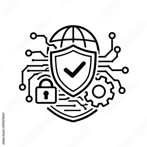 Digital security and cyber protection. Features a shield with a checkmark, global network, padlock, and circuit elements, symbolizing data privacy and system integrity
