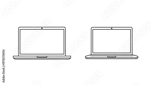Two minimalist outline drawings of open laptop computers are displayed side by side on a plain white background.