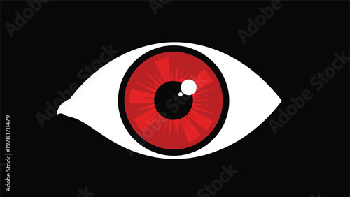 Striking graphic of a single red eye with detailed iris and pupil is centered on a deep black background for impact.