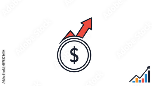 Dollar coin icon paired with an upward red arrow and a small bar chart indicates strong financial growth and profit.