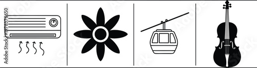 Air Conditioner, Flower, Cable Car and Violin Icon Set Representing Cooling Technology, Nature, Transportation and Music Concepts for Modern Design Use