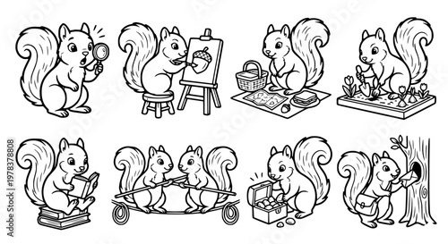 Adorable chipmunk vector collection featuring funny cartoon chipmunks doing different activities.