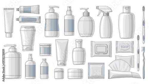 Large set of various white cosmetic bottles tubes and spray containers provides a comprehensive bathroom collection.