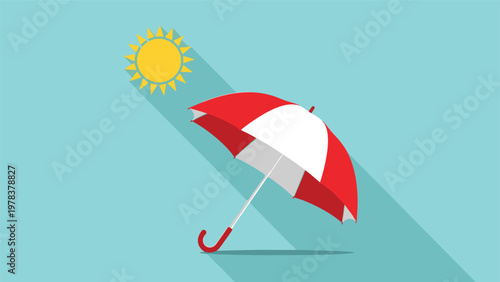 Red and white striped umbrella stands on a light blue background under a bright yellow sun casting a long shadow.