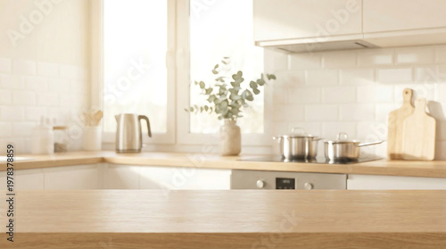 Empty wooden countertop in blurred modern kitchen interior for product display and food mockup