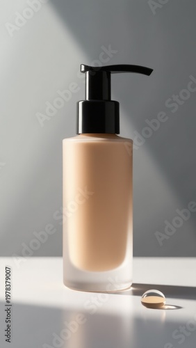 A clear glass bottle filled with liquid sits on a wooden table