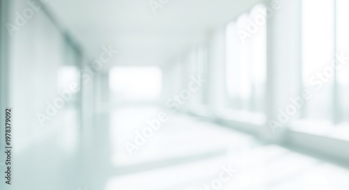 Blurred bright white modern office hallway interior background