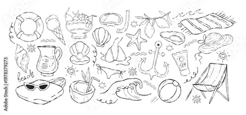 Hand drawn vector set of crayon doodle coastal elements. Mediterranean summer sea vacation icons, chalk art beach bag, ball, lifebuoy, ocean waves, ice cream, snorkel mask, sunscreen spf protection