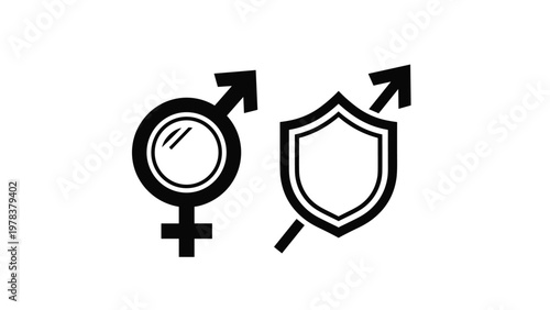 Graphic representation of male and female gender symbols combined with a protective shield icon for health insurance and safety concepts.