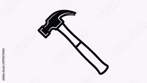 Isolated black and white line art drawing of a classic claw hammer tool on a plain white background surface for construction and repair.