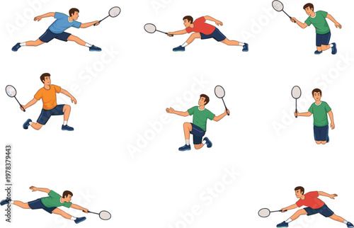 Professional badminton player flat vector character set featuring men in dynamic action poses hitting shuttlecock