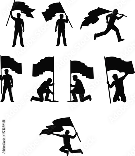 Silhouette of men holding flags in various poses, running, kneeling, and standing, isolated on a white background vector