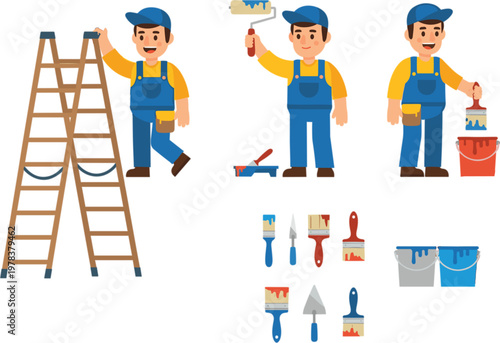 Professional house painter character set in flat vector style featuring worker with ladder paint roller brush