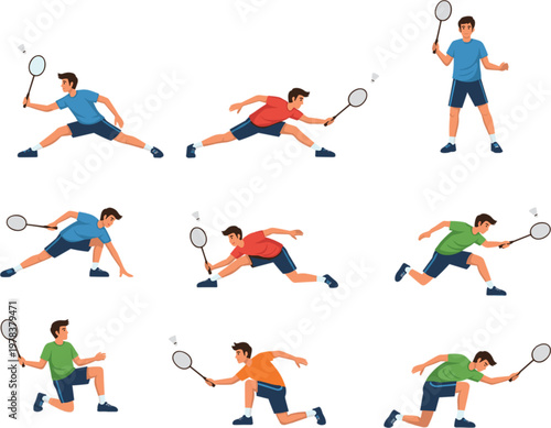 Professional flat vector illustration set of badminton players in various action poses hitting shuttlecock isolated on white background for sports design