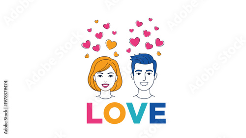 Romantic illustration of a happy young couple with many small hearts floating above them and the word love in colorful text at the bottom.