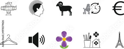 Drone Camera, Human Mind, Ram Animal, Child Time, Euro Symbol, Hanger, Speaker Sound, Flower, Medical Tools and Eiffel Tower Icon Set