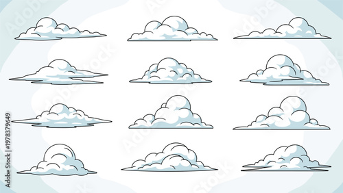 Set of stylized white clouds with black outlines in different shapes and sizes for sky and weather designs on a light blue background.