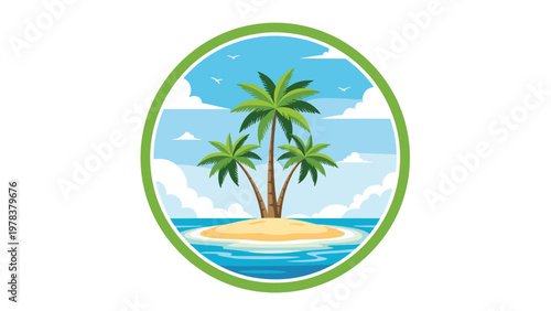 Round emblem showcasing a tropical island paradise with three palm trees, blue water, and birds in the sky for travel and vacation logos.