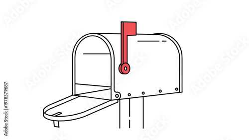 Classic open metal mailbox illustration with the red flag raised and the door wide open on a plain background for communication themes.