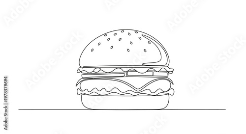Minimalist single line drawing of a delicious hamburger on a white background